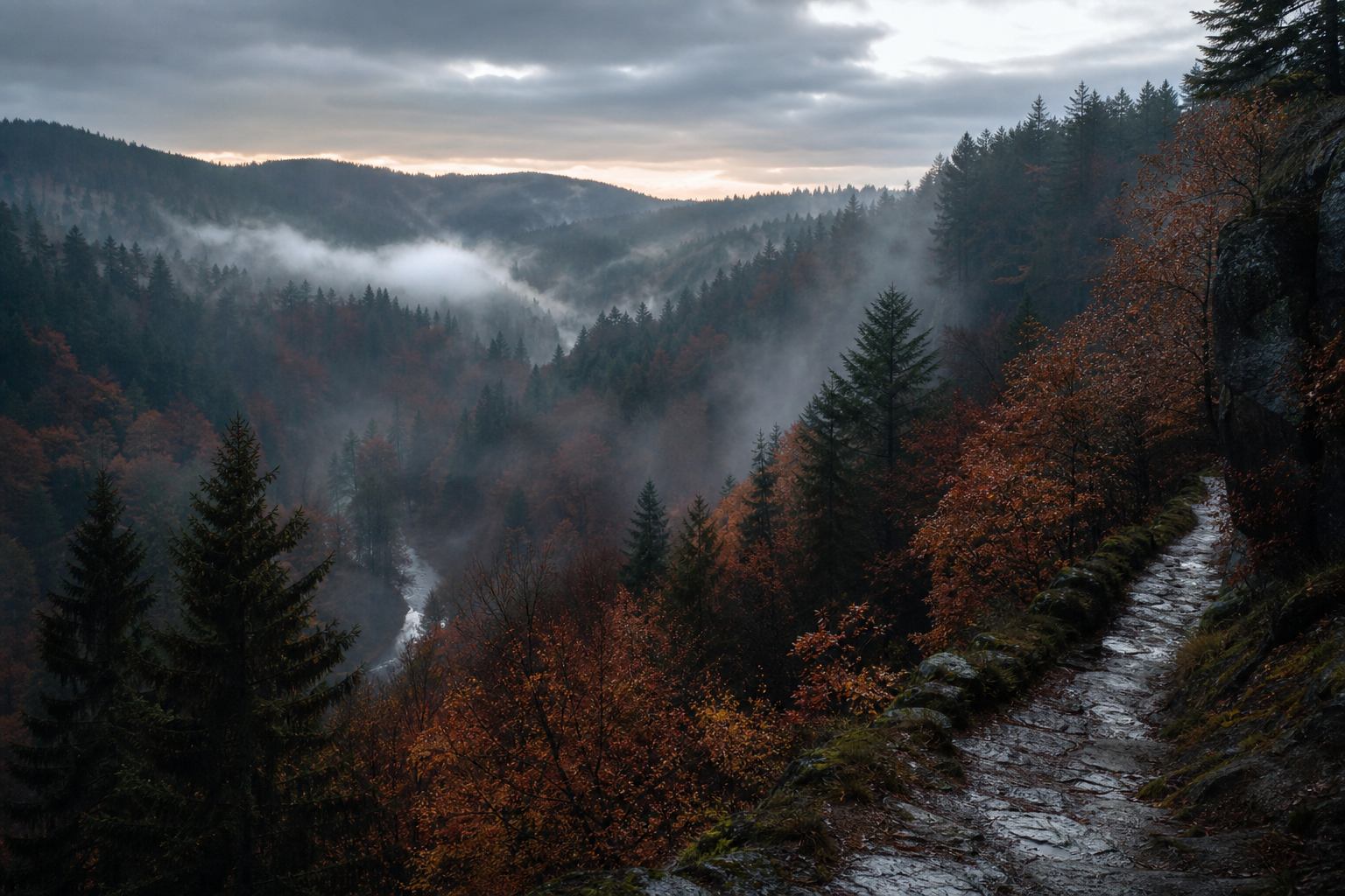 Herbstlicher Schwarzwald mit Nebelschwaden über dem Flusstal