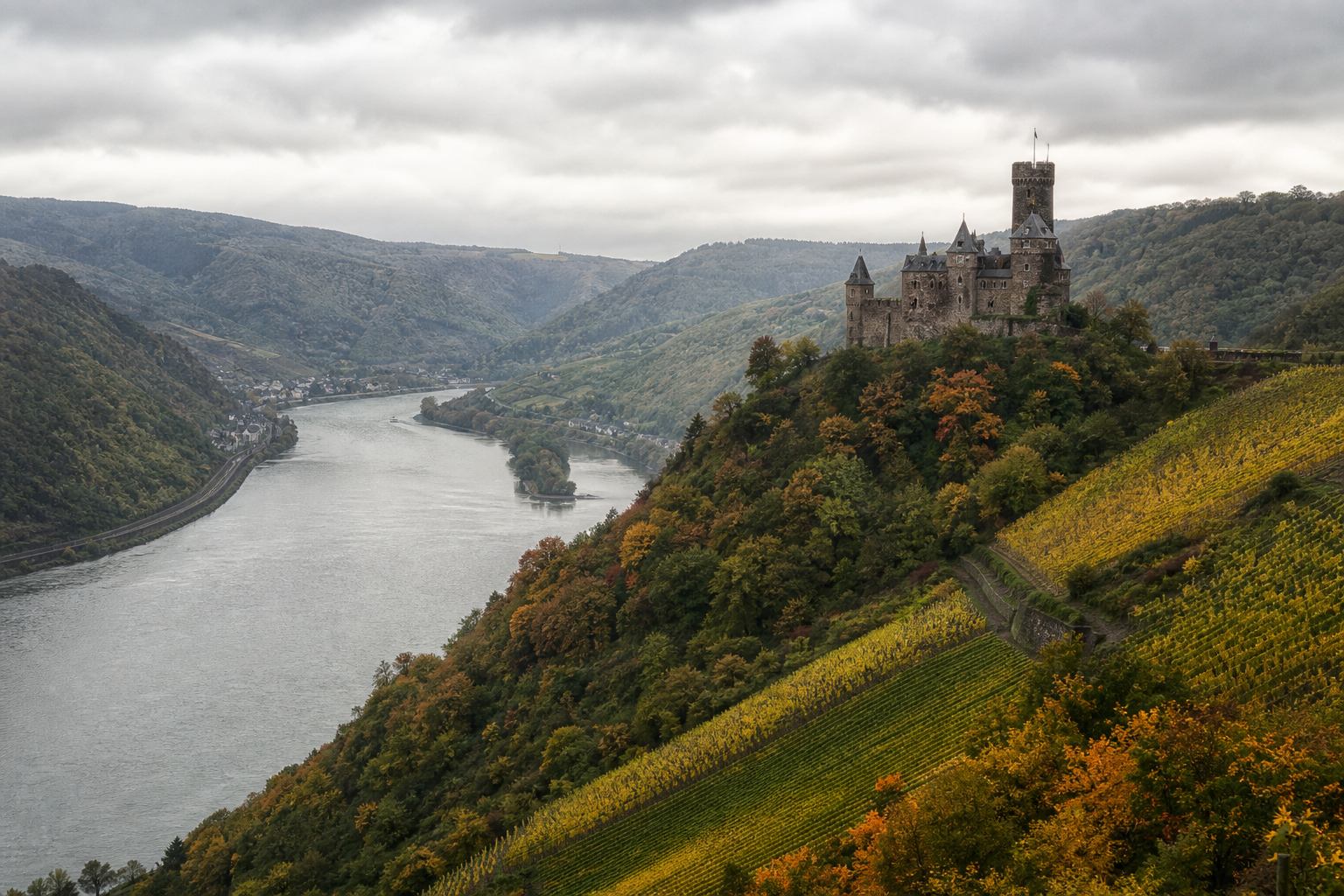 Mittelrhein mit Burg auf bewaldetem Hang